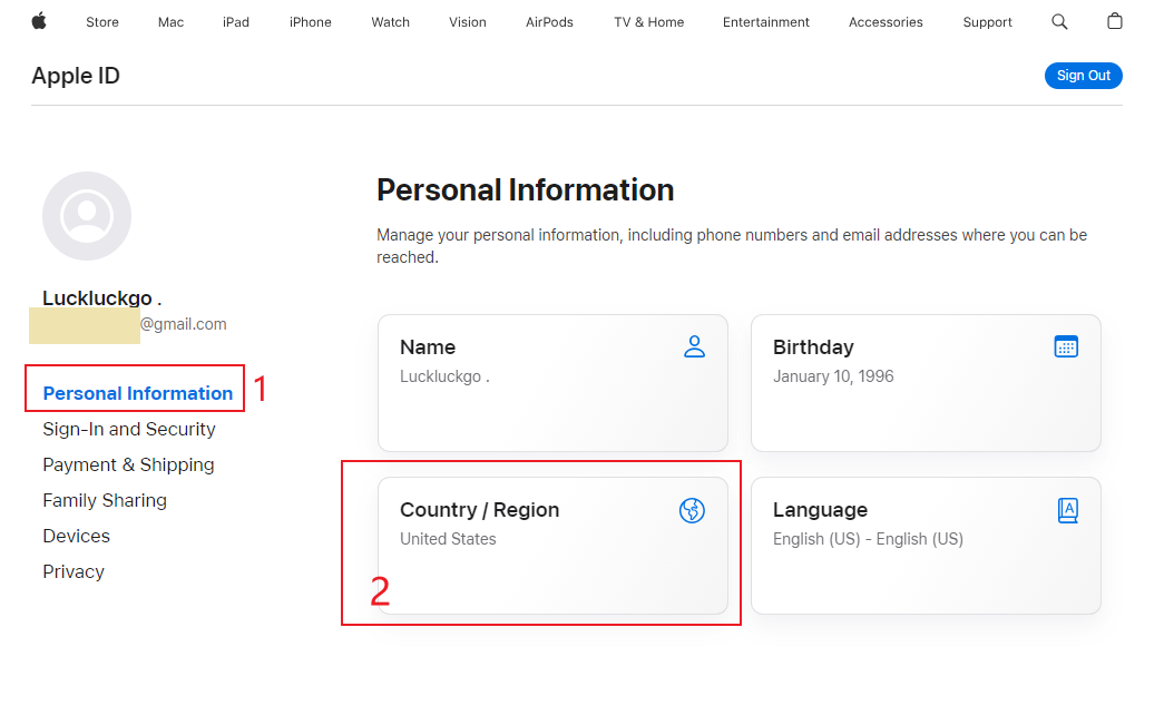 Apple ID Online Account Personal Information Click Country or Region